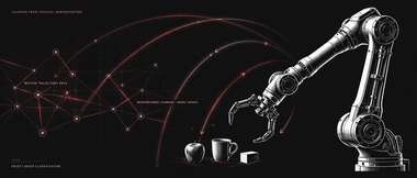 Editorial illustration: a robotic arm learning manipulation from motion-trajectory data and neural-network models (Illustration: The Robot Daily)